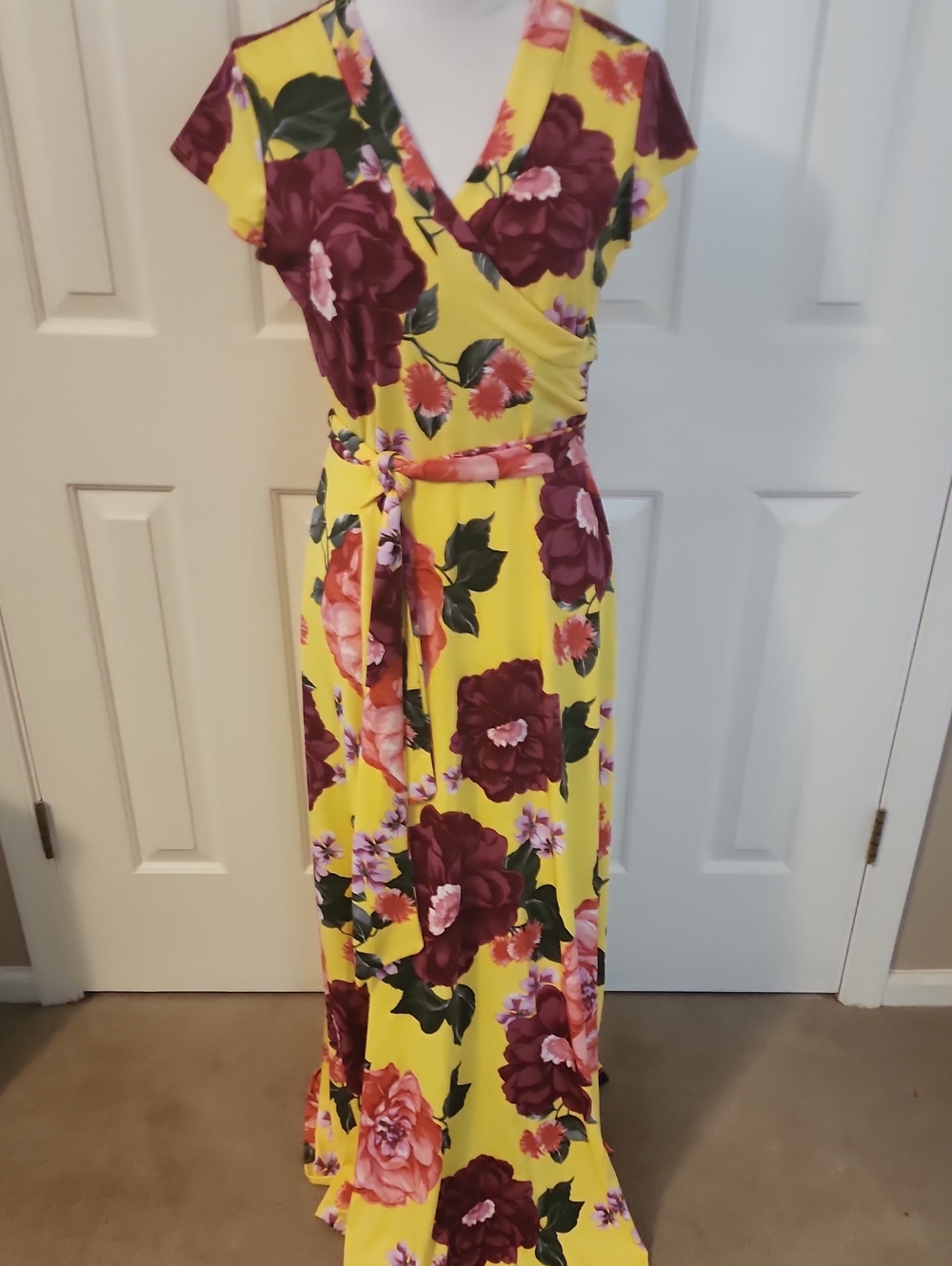 New York & Company Yellow Floral Wrap Maxi Dress